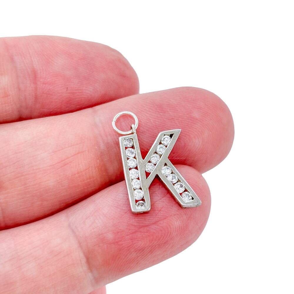 Vintage Sterling Silver 925 Channel Set Cubic Zirconia Letter K Dangle Charm